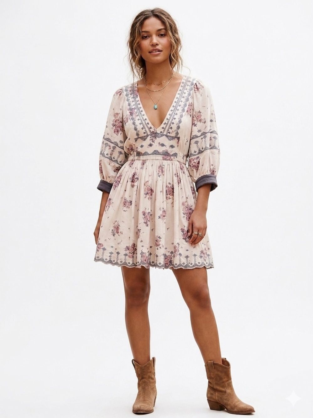 Free People Dress XS Cream Embroidered Boho Tunic Balloon Sleeve Tie Back